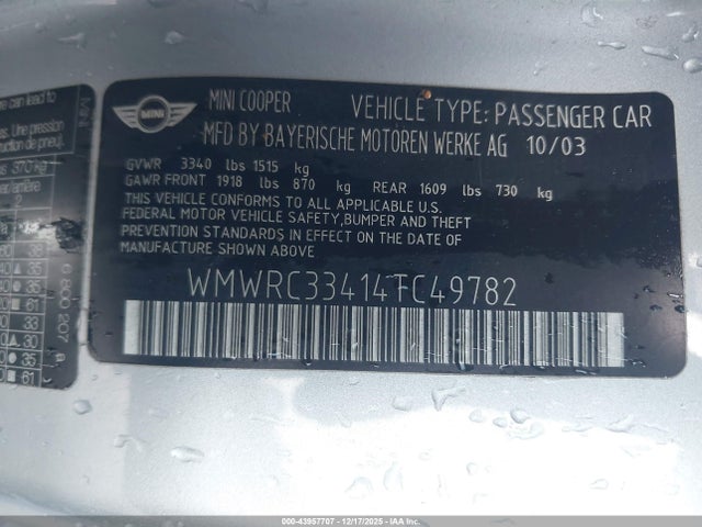 2004 MINI COOPER WMWRC33414TC49782 Photo 8