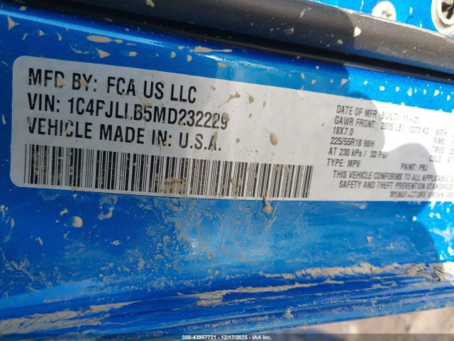 2021 Jeep Cherokee Altitude Fwd მანქანა იყიდება აუქციონზე, vin: 1C4PJLLB5MD232229, აუქციონის ნომერი: 43957721