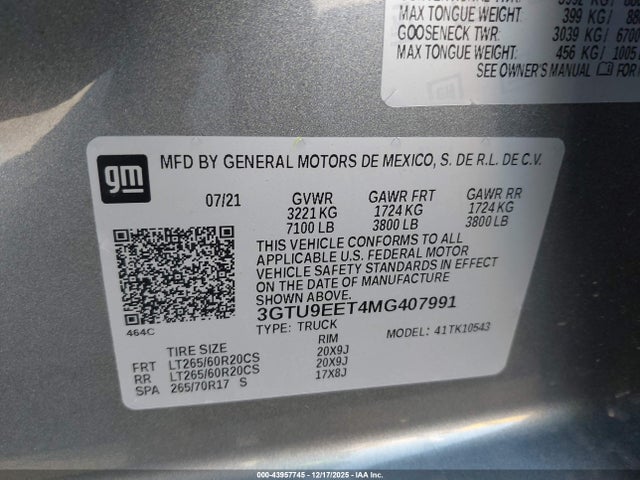 3GTU9EET4MG407991 GMC Sierra 1500 4wd Short Box At4