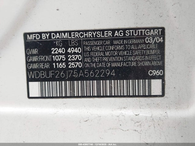 2005 Mercedes-benz E 320 Cdi მანქანა იყიდება აუქციონზე, vin: WDBUF26J75A562294, აუქციონის ნომერი: 43957748