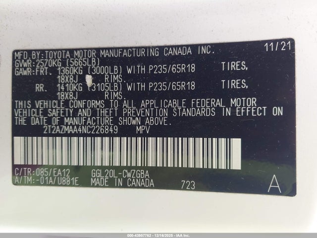 43957762 :رقم المزاد ، 2T2AZMAA4NC226849 vin ، 2022 Lexus Rx 350 مزاد بيع