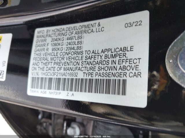 1HGCV3F21NA016932 Honda Accord Hybrid Sport