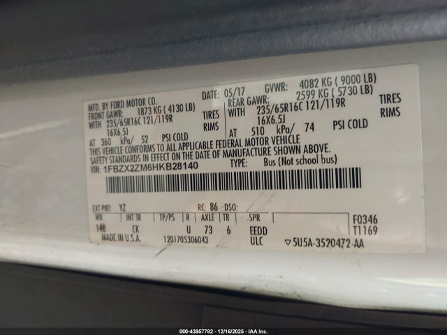 1FBZX2ZM6HKB28140 Ford Transit-350 Xl