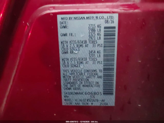 5N1DR2MN4HC606805 Nissan Pathfinder Sl