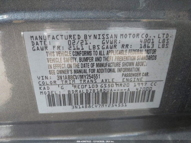 3N1AB8CV7MY254551 Nissan Sentra Sv Xtronic Cvt