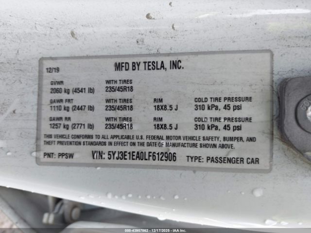 2020 TESLA MODEL 3 5YJ3E1EA0LF612906 Photo 8