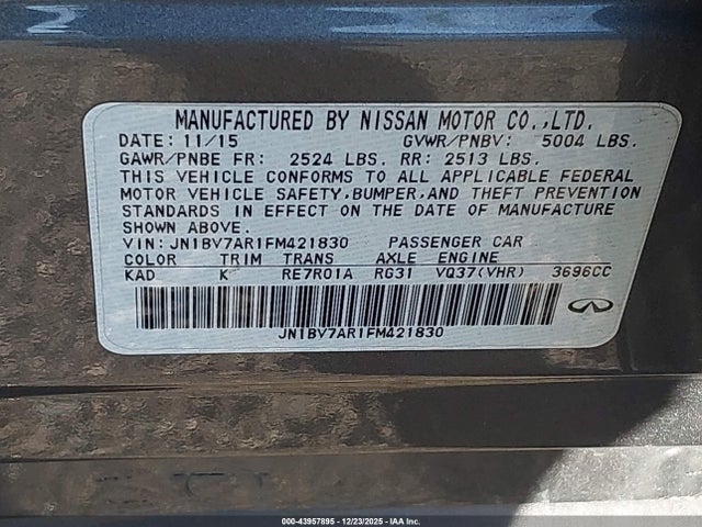 2015 Infiniti Q50 Premium მანქანა იყიდება აუქციონზე, vin: JN1BV7AR1FM421830, აუქციონის ნომერი: 43957895