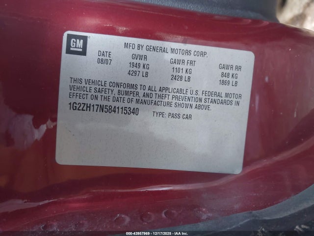 43957969 :رقم المزاد ، 1G2ZH17N584115340 vin ، 2008 Pontiac G6 Gt مزاد بيع