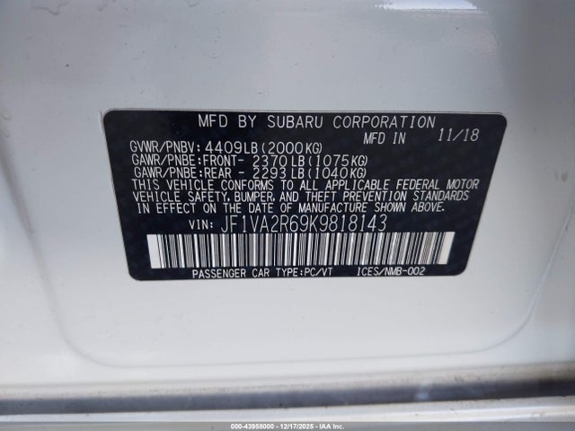 Subaru Wrx Sti 2019 JF1VA2R69K9818143 Image 9