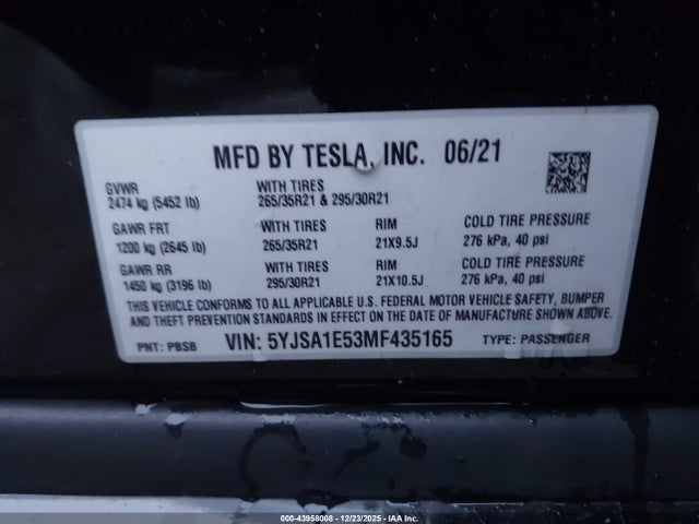 2021 TESLA MODEL S 5YJSA1E53MF435165 Photo 8