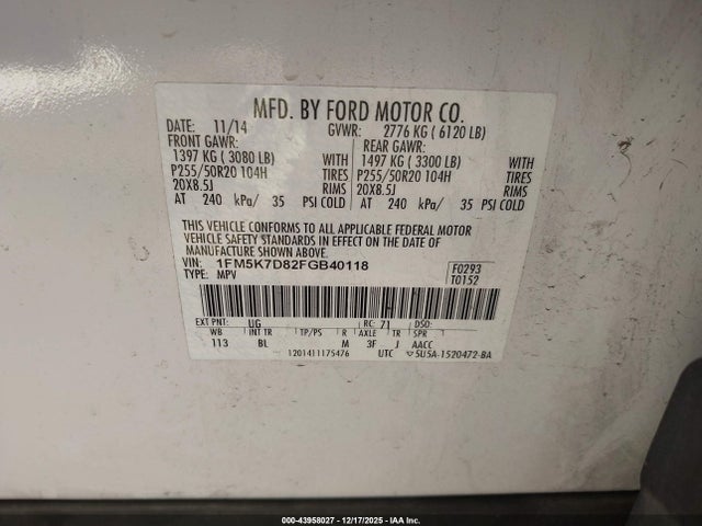 1FM5K7D82FGB40118 Ford EXPLORER XLT