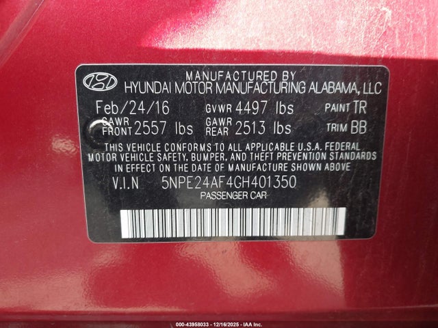 5NPE24AF4GH401350 Hyundai SONATA SE