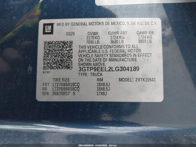 3GTP9EEL2LG304189 GMC Sierra 1500 4wd Short Box At4