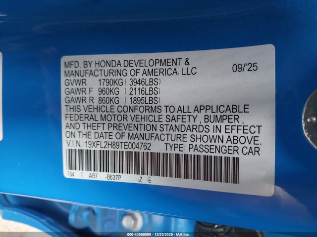 Honda Civic Sport 2026 19XFL2H89TE004762 Image 9