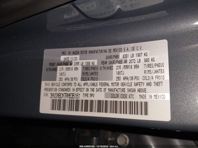 43958108 :رقم المزاد ، 3MVDMBCM7RM635161 vin ، 2024 Mazda Cx-30 2.5 S Carbon Edition مزاد بيع