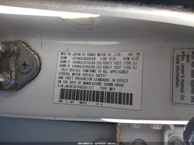 2008 HONDA CR-V JHLRE38708C051717 Photo 8