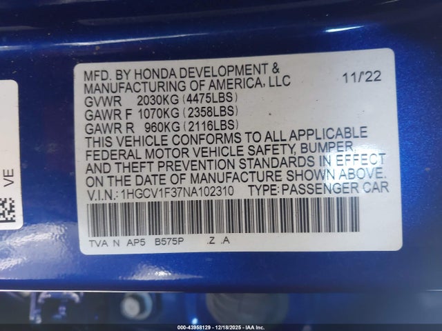 1HGCV1F37NA102310 Honda Accord Sport