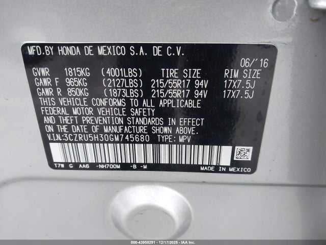 3CZRU5H30GM745680 Honda HR-V LX