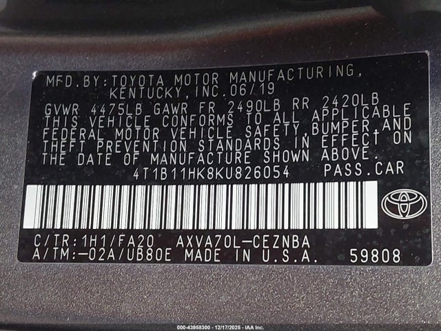 4T1B11HK8KU826054 Toyota CAMRY LE