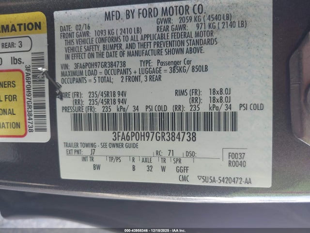 Ford FUSION SE 2016 3FA6P0H97GR384738 Image 9