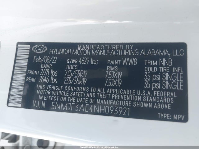 5NMJF3AE4NH093921 Hyundai TUCSON SEL