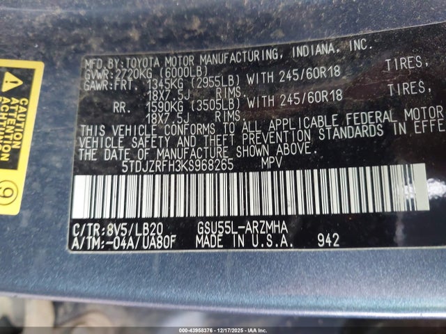 5TDJZRFH3KS968265 Toyota Highlander Xle