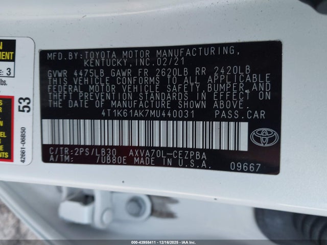 4T1K61AK7MU440031 Toyota CAMRY XSE