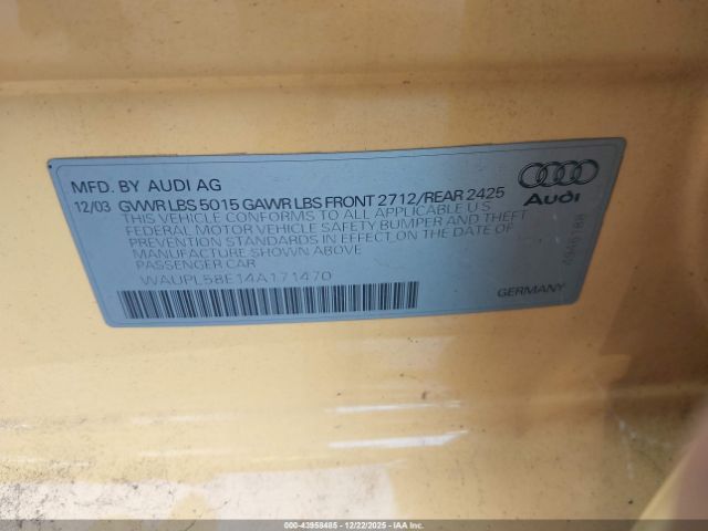 2004 AUDI S4 WAUPL58E14A171470 Photo 8
