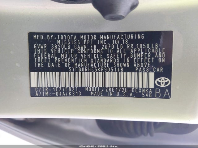 5YFBURHE5KP905148 Toyota COROLLA LE