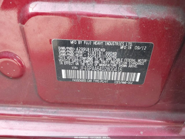 2013 Subaru Impreza 2.0i მანქანა იყიდება აუქციონზე, vin: JF1GPAA64D2800416, აუქციონის ნომერი: 43958542