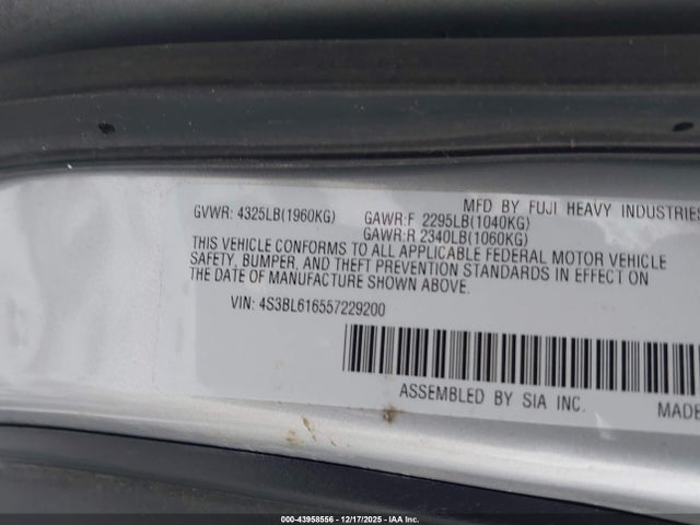 Aukcja sprzedaży 2005 Subaru Legacy 2.5i, vin: 4S3BL616557229200, numer aukcji: 43958556