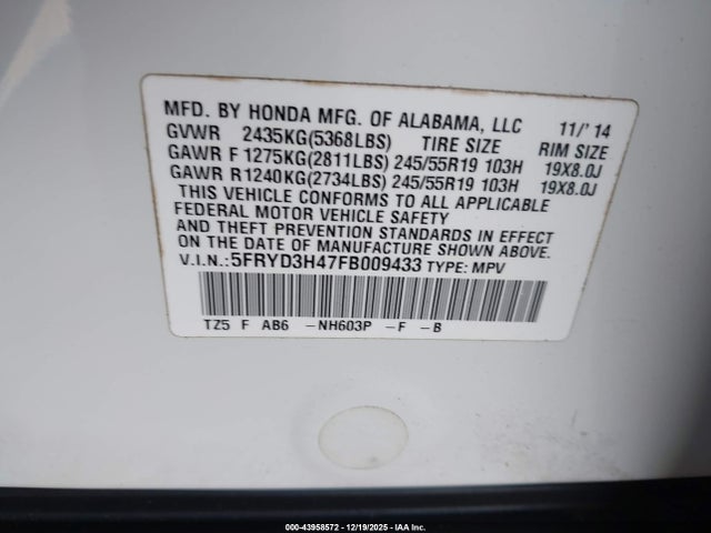 43958572 :رقم المزاد ، 5FRYD3H47FB009433 vin ، 2015 Acura Mdx Technology Package مزاد بيع