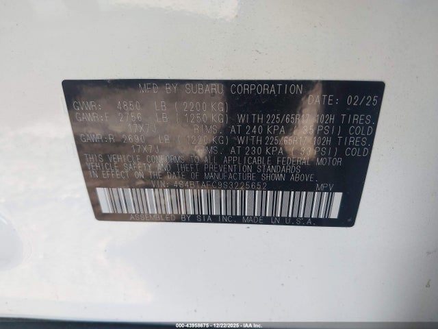 43958675 :رقم المزاد ، 4S4BTAFC9S3225652 vin ، 2025 Subaru Outback Premium مزاد بيع