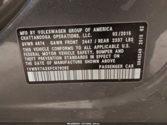 2015 VOLKSWAGEN PASSAT 1VWBV7A3XFC076292 Photo 8