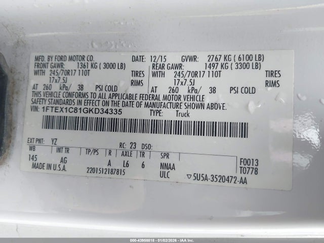 Aukcja sprzedaży 2016 Ford F-150 Xl, vin: 1FTEX1C81GKD34335, numer aukcji: 43958818