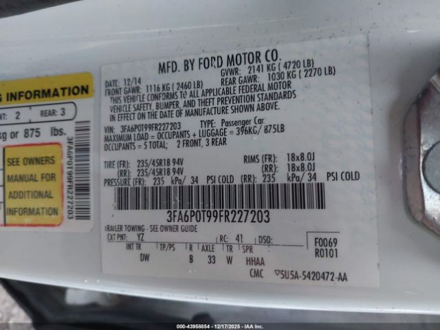 2015 FORD FUSION 3FA6P0T99FR227203 Photo 8