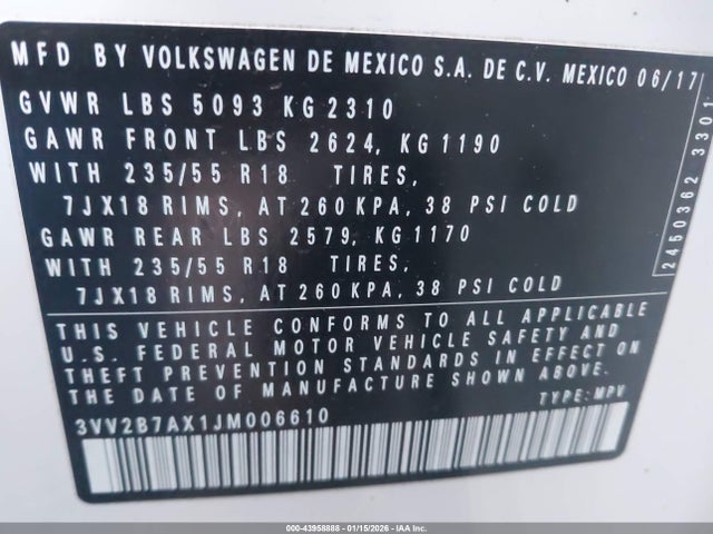 3VV2B7AX1JM006610 Volkswagen Tiguan 2.0t Se/2.0t Sel