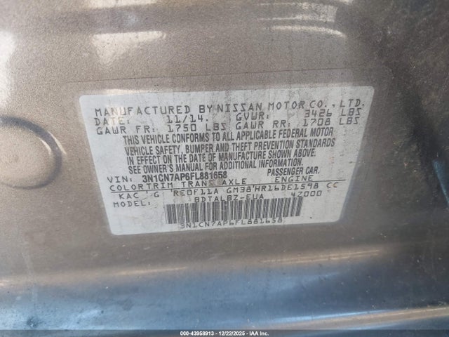 3N1CN7AP6FL881658 Nissan Versa 1.6 Sv