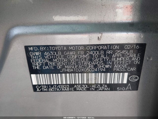 2016 Lexus Is 200t მანქანა იყიდება აუქციონზე, vin: JTHBA1D2XG5024194, აუქციონის ნომერი: 43958974