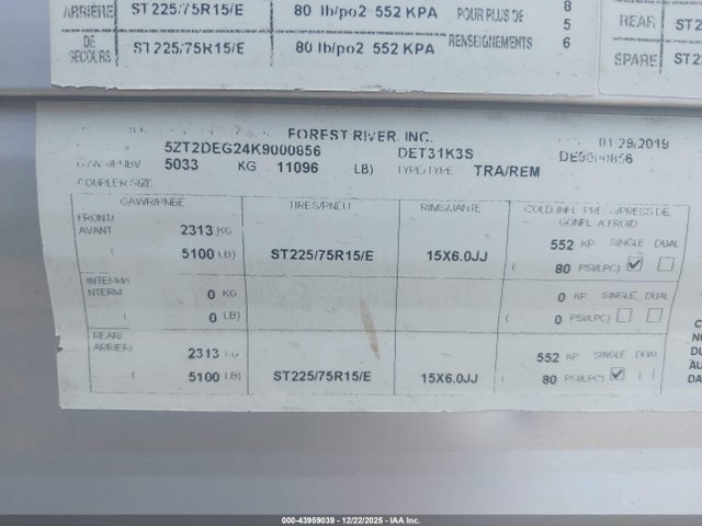 5ZT2DEG24K9000856 Forest River East To West