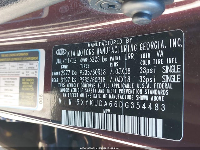 2013 Kia Sorento Ex მანქანა იყიდება აუქციონზე, vin: 5XYKUDA66DG354483, აუქციონის ნომერი: 43959071