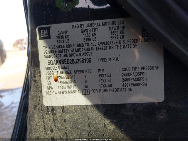 2011 Buick Enclave 1xl მანქანა იყიდება აუქციონზე, vin: 5GAKVBED2BJ398196, აუქციონის ნომერი: 43959077