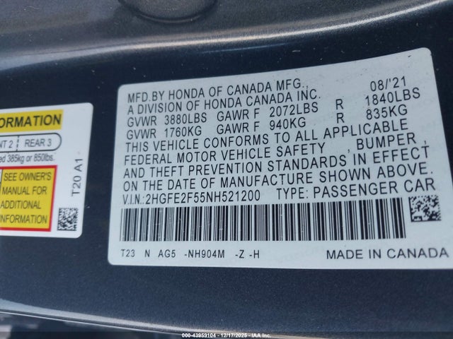 2022 HONDA CIVIC 2HGFE2F55NH521200 Photo 8