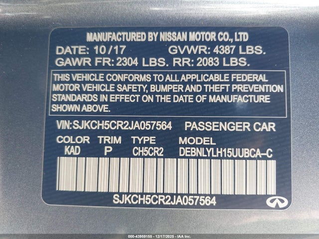 43959155 :رقم المزاد ، SJKCH5CR2JA057564 vin ، 2018 Infiniti Qx30 Premium مزاد بيع