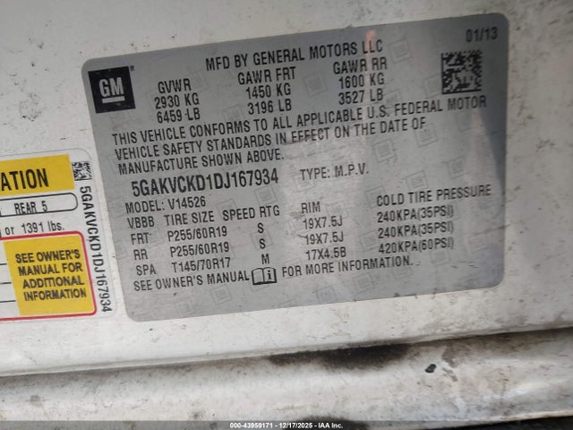 43959171 :رقم المزاد ، 5GAKVCKD1DJ167934 vin ، 2013 Buick Enclave Leather مزاد بيع