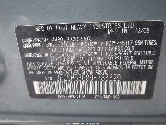 43959266 :رقم المزاد ، JF2SH63689H783329 vin ، 2009 Subaru Forester 2.5x مزاد بيع
