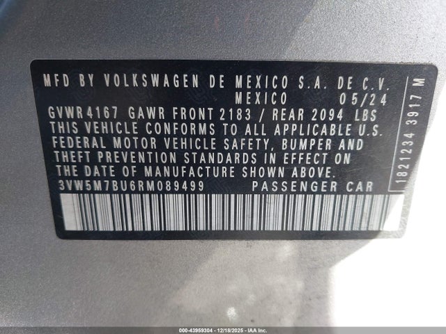 2024 Volkswagen Jetta 1.5t S მანქანა იყიდება აუქციონზე, vin: 3VW5M7BU6RM089499, აუქციონის ნომერი: 43959304