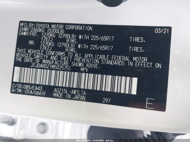 43959354 :رقم المزاد ، JTJDARDZ1M5025751 vin ، 2021 Lexus Nx 300 مزاد بيع
