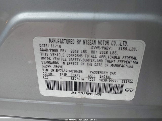 2017 Infiniti Q50 3.0t Premium მანქანა იყიდება აუქციონზე, vin: JN1EV7AR7HM836456, აუქციონის ნომერი: 43959432