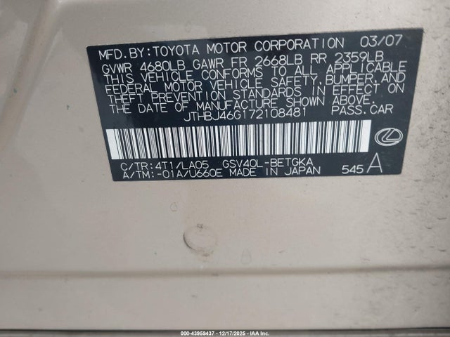 Продажа на аукционе авто 2007 Lexus Es 350, vin: JTHBJ46G172108481, номер лота: 43959437